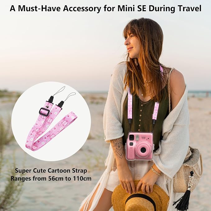 Fuji Mini SE Clear Case, Hard PC Protective Case for Instax Mini SE Instant Camera with Cute Cartoon Sticker & Adjustable Shoulder Strap - Pink Hey Cat - Image 6