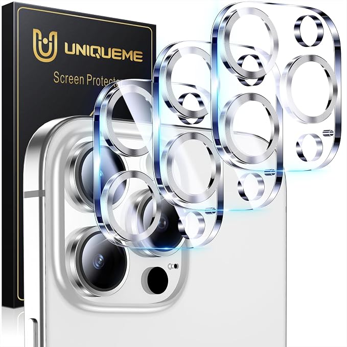 UniqueMe for 3 Pack iPhone 16 Pro/16 Pro Max Camera Lens Protector -Silver | Drop Protection, Case Friendly, 9H Tempered Glass, Camera Cover Screen, Update New Version by UniqueMe