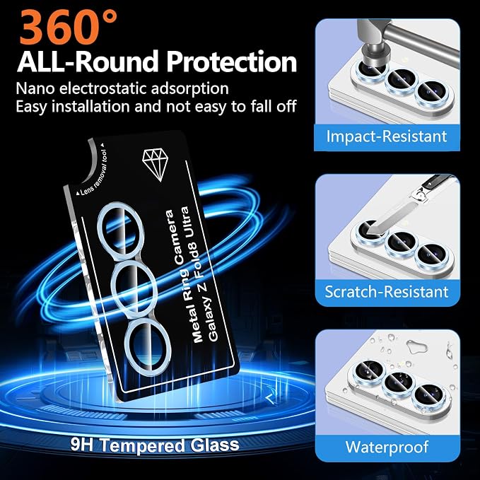 for Samsung Galaxy Z Fold 8 Ultra Camera Lens Protector, Individual Metal Ring Tempered Glass Lens Cover, [Strong Adsorption] Scratch Resistant Ultra-Thin HD Clear Lens Cover, 1 Set-Blue - Image 2