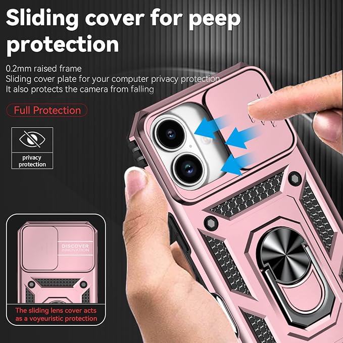 HNHYGETE for iPhone 16 Case with Screen Protector: [Military Grade 20ft. Drop Tested] Slide Camera Cover Ring Shockproof Protective Phone Case for - iPhone 16 (Rose Gold) - Image 4