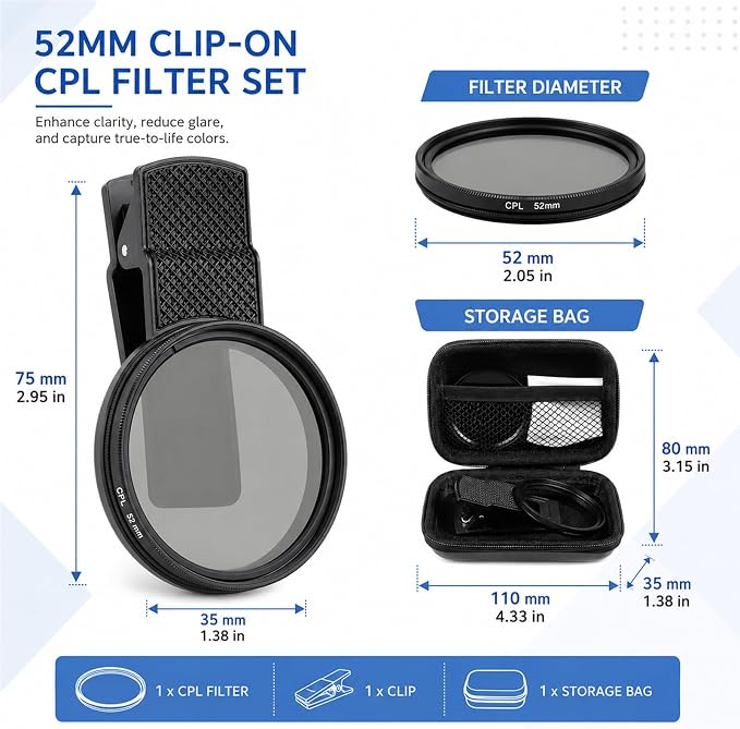 Cpl Filter iPhone,Polarized Lens for iPhone,iPhone Polarizing Filter,Polarizing Lens,Premium 52mm Cpl Filter,Widely Compatibility,for iPhone, Samsung Galaxy, and Google Pixel - Image 2