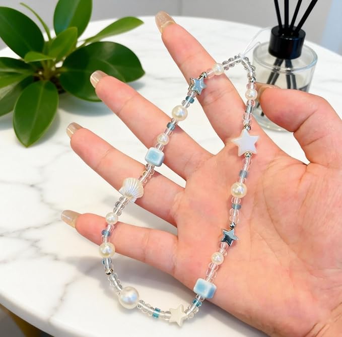 2 Pcs Phone Charm Strap Universal Hand Phone Wrist Strap Camera Lanyard Pearl Beaded Cute Chain String Accessories Universal for iPhone 17 16 Pro Max Samsung Women Girls Keychain Brown and White Star - Image 3