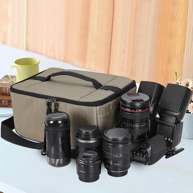 Koolertron Dslr Camera Insert Bag Purse Universal Liner Lens Pouch Partition Protective Cover Waterproof Sleeve for Cannon/Nikon/Sony (Khaki) - Image 4