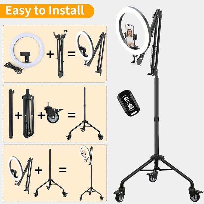 LUXSURE Ring Light Tripod for iPhone,Ring Light with Stand and Phone Holder,LED Overhead Camera Mount with Casters,Phone Tripod with Light and Remote for Video Recor - Image 8