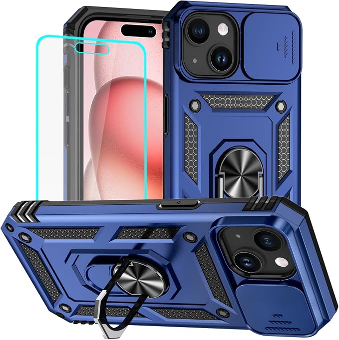 HNHYGETE for iPhone 15 Case with HD Screen Protector: [Military Grade 20ft. Drop Tested] Ring Shockproof Protective Phone Case for - iPhone 15 Blue by HNHYGETE