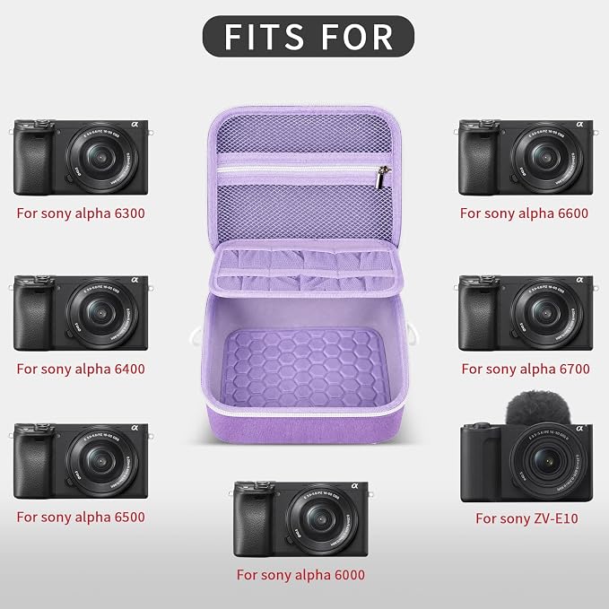 casmilee Camera Case for Sony Alpha ZV-E10 Alpha a6400/ a6700/ a6100/ a6000/ a6600/ a6500 Mirrorless Digital Camera, Hard Travel Bag with a Shoulder Strap for Lens & Accessories (Purple, Medium) - Image 3