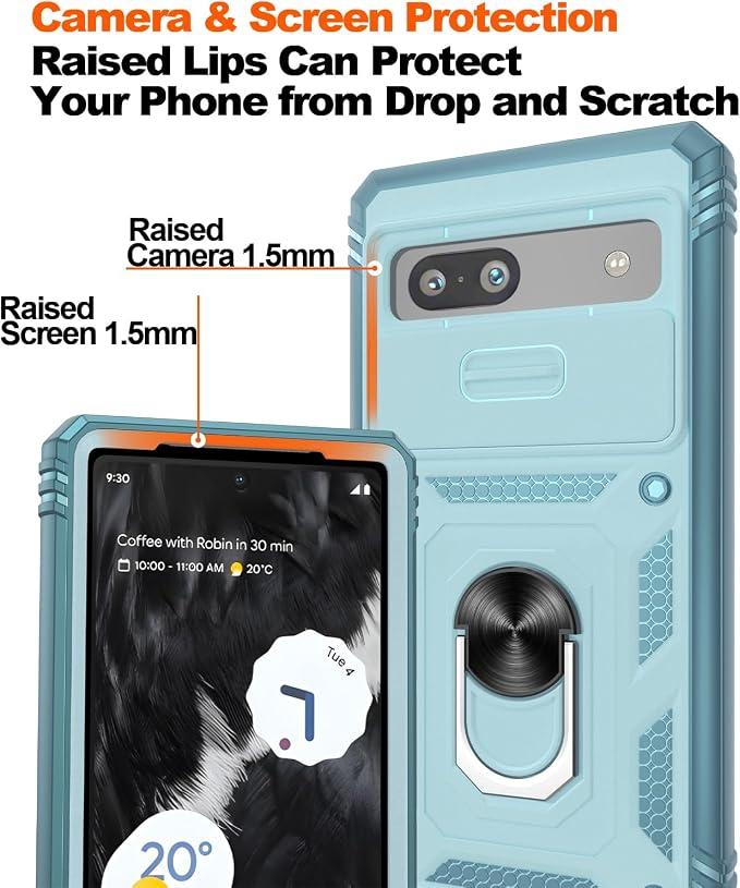for Google Pixel 7A Case with Slide Camera Cover & Screen Protector*2, Pixel 7A Case Build in 360° Rotating Ring Kickstand, Military Grade Protective Case for Google Pixel 7A Phone Case, Green - Image 5