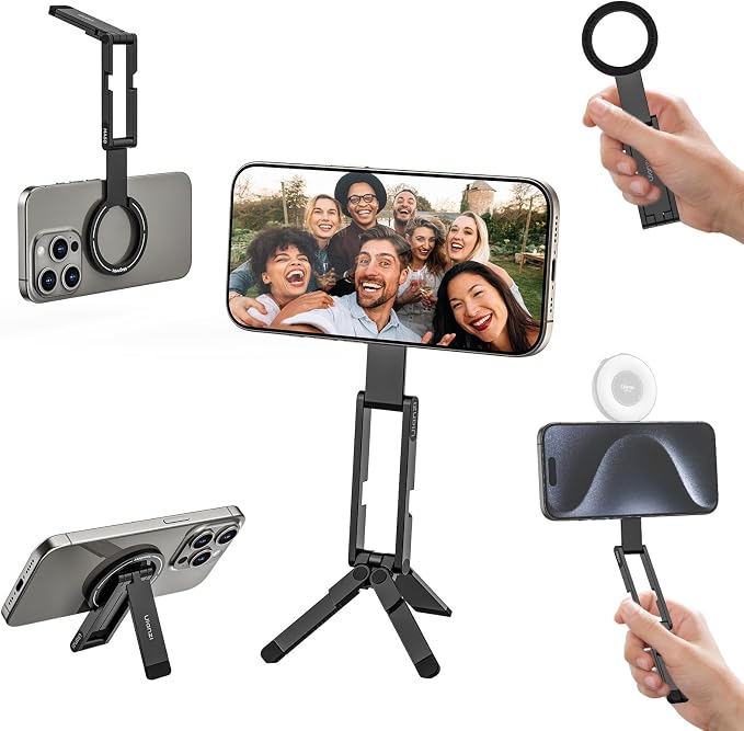 ULANZI MA60 Magnetic Phone Tripod Stand for iPhone, Aluminium Mini Tripod | Pocket Cell Phone Stand, N52 Strong Magnet, 8mm for Travel Vlog, Foldable Selfie Stick for iPhone 17 16 15 14 Series, Black by ulanzi