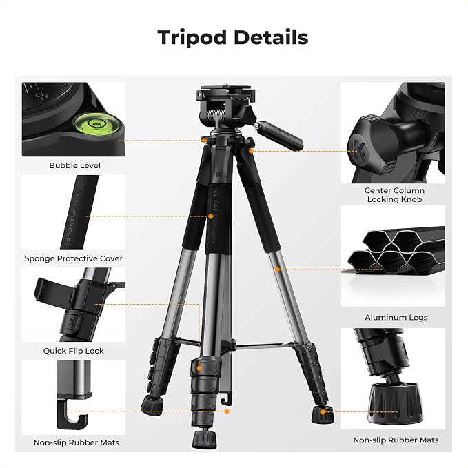 K&F CONCEPT 75" Aluminum Camera Tripod, Lightweight and Compact for Travel | Compatible with Canon Nikon DSLR Camera, Cellphone Clip and Remote Control for Shooting and Video Recording S255A3+BV01 - Image 9