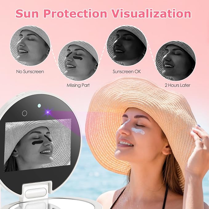 UV Camera for Sunscreen Test with 2X Magnifying Vanity Mirror 3.8 Inch | Rechargeable UV Mirror Sunscreen Camera with Light Handheld Double-Sided Pocket Mirror for Skin Protection(White) - Image 3