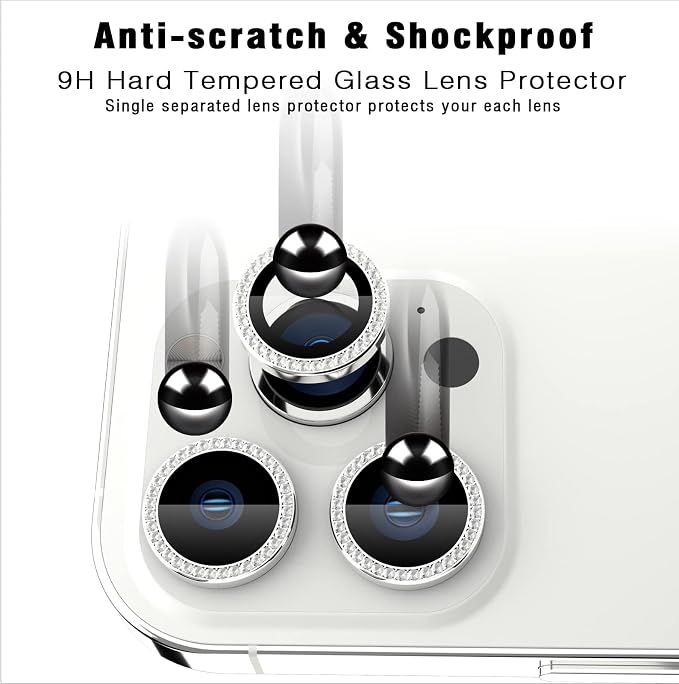 iPhone 13 Pro/13 Pro Max Camera Lens Protector Bling Diamond, Silver | Individual Metal, 9H Hardness, Scratch Resistant, Shockproof, Drop Protection, Case Friendly, Stylish Accessories - Image 5