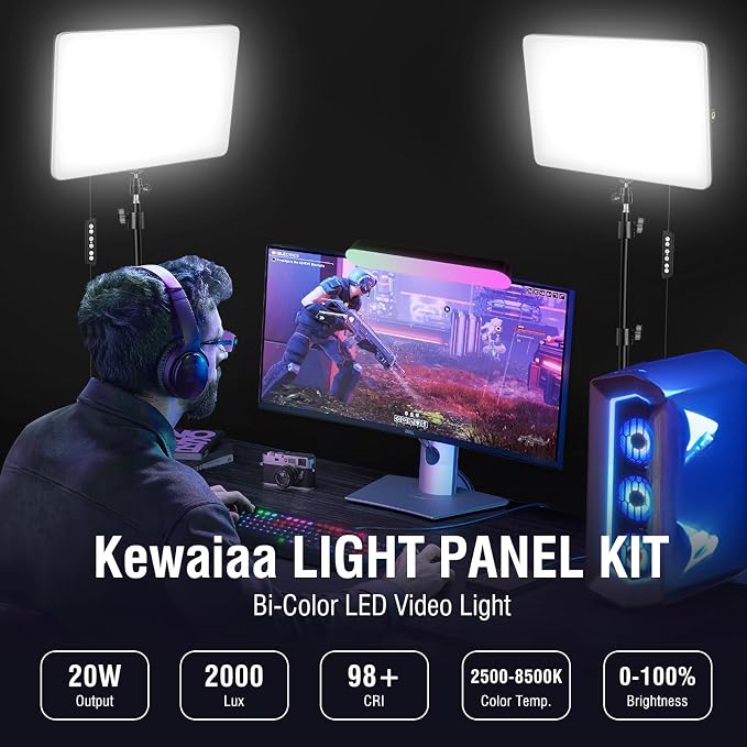 2-Pack LED Video Light Kit with 63'' Tripod Stand, 2500K-8500K Dimmable Studio Light Photography Panel Lighting for Video Recording Game Live Streaming Podcast YouTube Filming, Phone Holder - Image 2