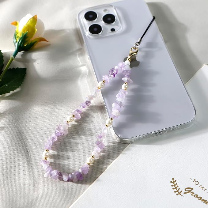 Natural Gemstone Phone Charms Wrist Strap Lanyard Beaded Phone Strap for Women Girls (Purple) - Image 3