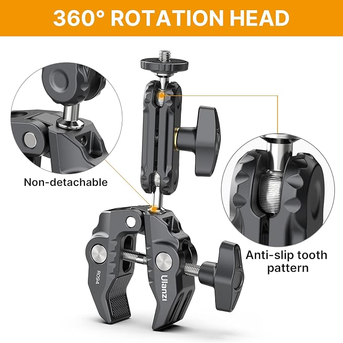 UURig R094 Super Clamp, Multi-Functional Camera C Clamp Mount | 1/4" Ball Head Monitor Mount 3/8" Hole Adjustable Video Shooting Compatible with DJI Pocket 3&4/Insta 360x5/Monitor/Light/Mic - Image 5