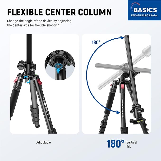 NEEWER Basics 64.5" Horizontal Overhead Tripod with Ball Head/Cell Phone Holder Compatible with iPhone Video Recording, Aluminum Travel Stand Camera Monopod, 360° Pan 180° Tilt 22lb/10kg Load, TP66 - Image 2