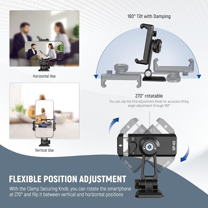 NEEWER Metal Phone Tripod Mount Adapter with Arca QR Base, Cold Shoe, 360° Swivel 180° Tilt, Phone Holder Compatible with iPhone 17 Pro Max 16 15 Samsung Galaxy S25 Ultra S24 - Image 4