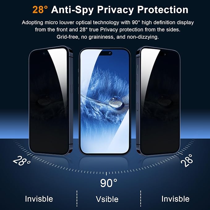 QHOHQ 3 Pack Privacy Screen Protector for iPhone 15 Pro Max [6.7 Inch] with 3 Pack Camera Lens Protector, Anti Spy Tempered Glass Film, 9H Hardness, HD, Bubble Free, Case Friendly - Black - Image 2