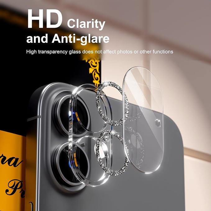 for 6 Pack iPhone 16 / iPhone 16 Plus Camera Lens Protectors, Glitter Black | [Drop Protection] [Case Friendly] [Easy Installation] 9H Tempered Glass Camera Screen Protector Cover Accessories - Image 7