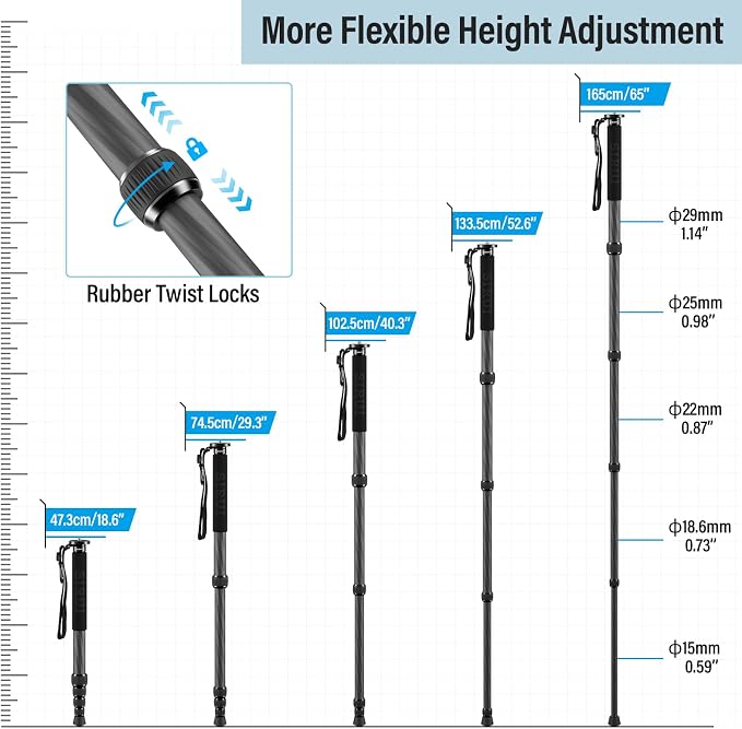 SIRUI Carbon Fiber Monopod for cameras, 65" Compact Lightweight Travel Monopod, 6 Sections, Load up 15kg, included Phone Holder (AM-MDP01) - Image 4