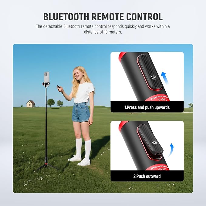 NEEWER Basics PA991 Selfie Stick Tripod Compatible with iPhone Samsung Android, 57.9 Inch Metal Portable Lightweight Travel Mobile Phone Stand with Holder & Remote Control for Video Recording - Image 4