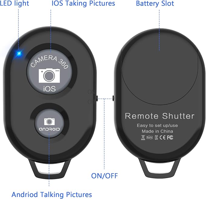 Wireless Camera Remote Shutter for Smartphones (2 Pack), zttopo Wireless Phone Camera Remote Control Compatible with iPhone/Android Cell Phone -White and Black - Image 3