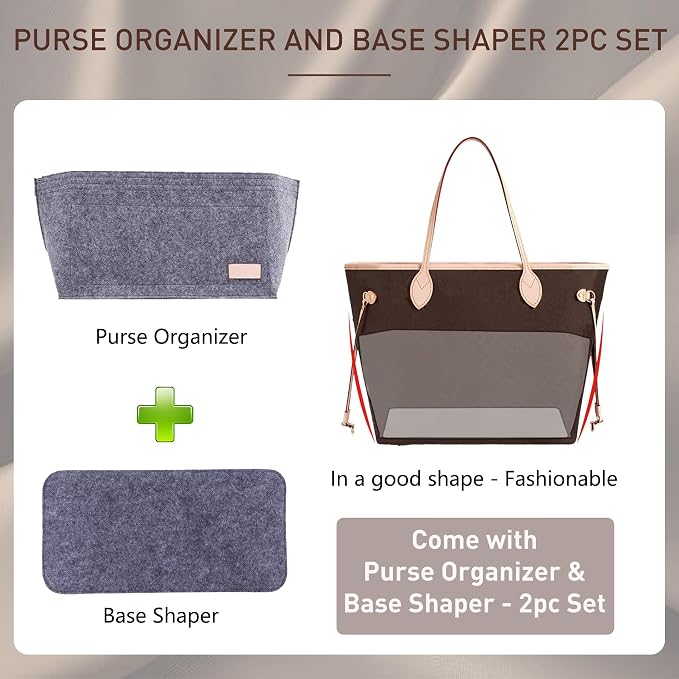 Doxo Purse Organizer Insert for Handbags & Base Shaper 2pc Set, Felt Neverfull MM Organizer Insert, Tote Bag Organizer with Zipper Pocket and Bottle Holder, Fit Speedy 30 Neverfull MM and More,Gray-L - Image 3
