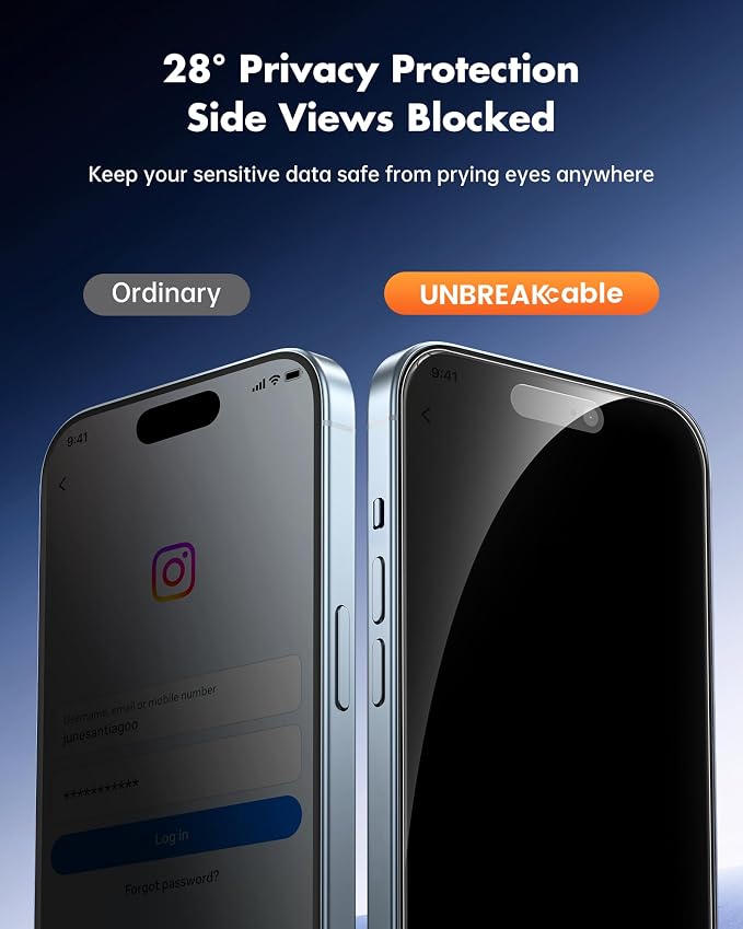 UNBREAKcable Privacy Screen Protector for iPhone 15, 2-Pack | True 28° Anti-Spy, Shatterproof Tempered Glass, 9H Hardness, Easy Install, Bubble-Free, Anti-Scratch, Case Friendly - Image 2