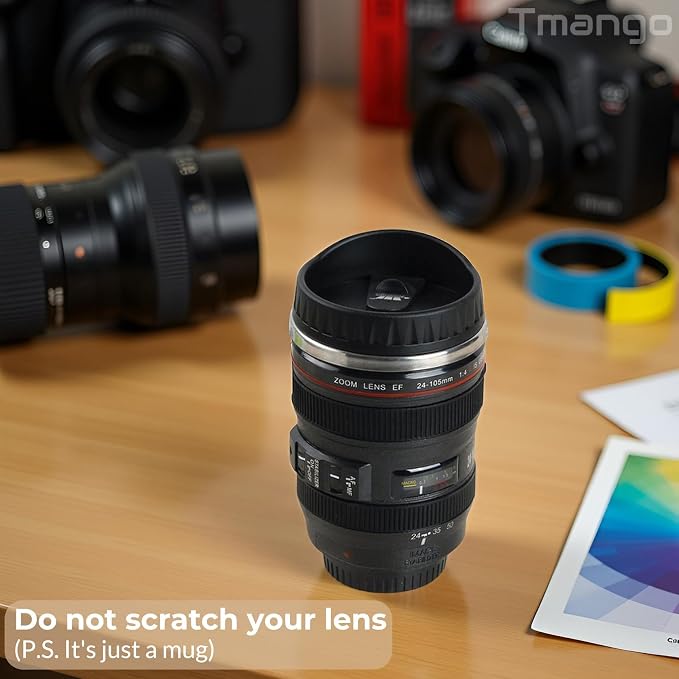 Camera Lens Coffee Mug with Slider Lid and Spoon– Realistic DSLR Thermos Cup, Novelty Gift for Photographers, Men & Women - Image 7