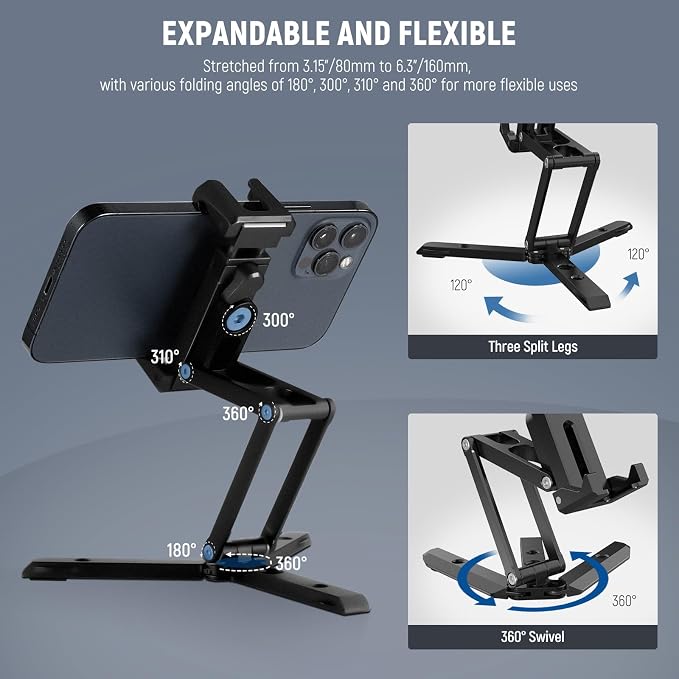 NEEWER Phone Tripod Mount with Cold Shoes, Metal Smartphone Tripod Adapter Compatible with iPhone, Multi Angle Tri Fold Cell Phone Holder, Handheld Phone Grip for Streaming Vlog SP-04 - Image 2