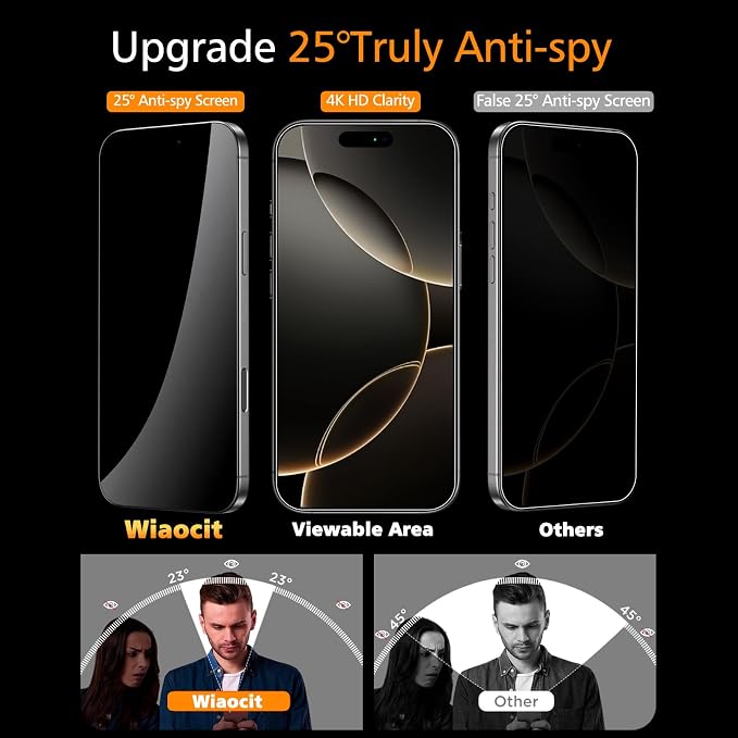 Wiaocit Tempered Glass Privacy Screen Protector for iPhone 16 Pro Max | 3+3 Pack, 9H Hardness, Camera Lens Protector, Installation Frame, Bubble Free, Case Friendly - Image 2