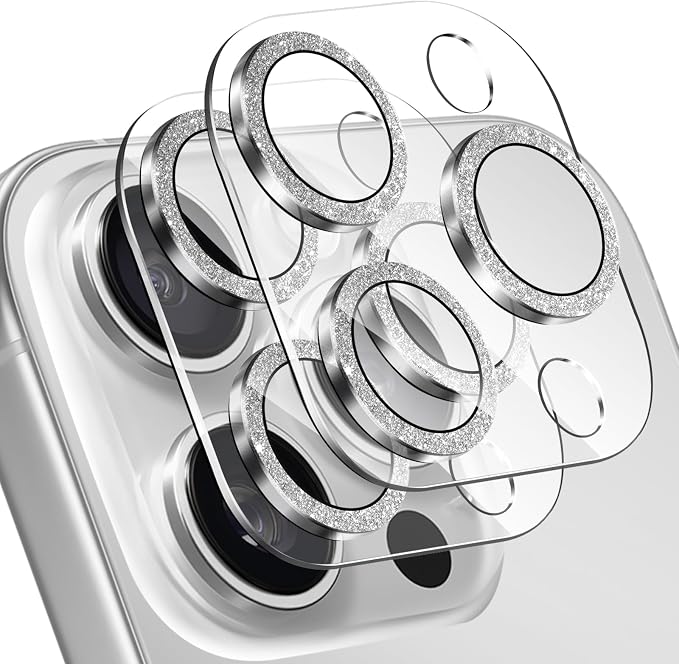 2 Pack for iPhone 16 Pro Max Camera Lens Protector | Bling Tempered Glass 9 Hardness,Anti-Scratch High Definition Camera Screen Protector (Silver) by NECARSIN