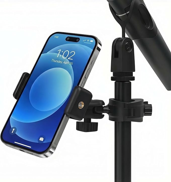 Phone Holder for Microphone Stand, Adjustable Mic Music Stand Phone Holder for Mobile Phones, Rotatabe Phone Mic Stand Mount Compatible with for All iPhone, Android Cell Phone by HETOETF