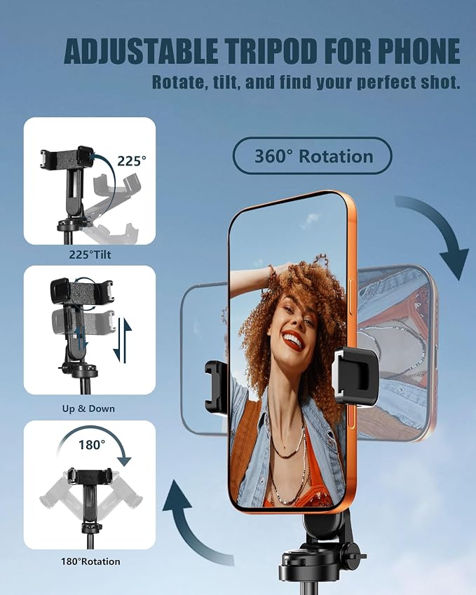 Pocket Phone Tripod, 3-in-1 Portable Selfie Stick Tripod with Remote, 360° Rotation Cell Phone Tripod Stand, Extendable Mini Tripod for iPhone Android Phones (Clip Mount) - Image 4
