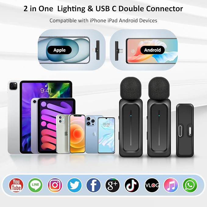 Ecomxia 2 Pcs Wireless Lavalier Microphone for iPhone iPad Android with Charging Case 7H Clip on Lapel Microphone Wireless for Video Recording Vlogging, YouTube, Interview, 3 Mode Denoise, 70ft - Image 6