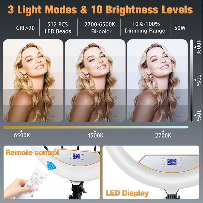 MACTREM Large 22" Ring Light with Stand, 75" Tripod for iPad iPhone Barber | Professional 50W 6500K CRI90+ LED, LCD Display, 2 USB Ports, for TikTok YouTube Makeup Tattoo Photography Video Studio - Image 4