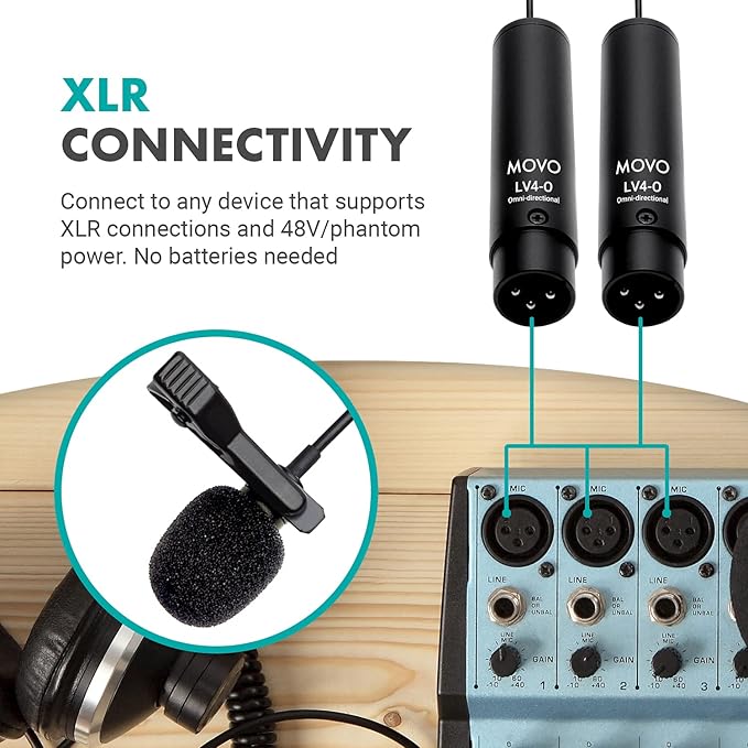 Movo LV4-O2 XLR Phantom Power Omnidirectional Lavalier Microphone Set, with Lapel Mic Clips and Windscreens - Perfect Lapel Microphone for Video Recording, Podcast, Interview, YouTube Production - Image 4