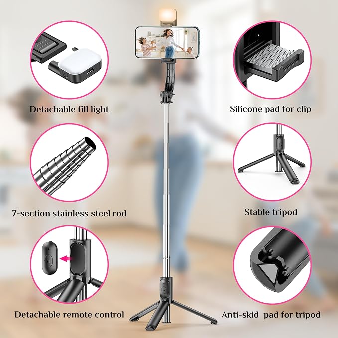 Selfie Stick Tripod with Fill Light, All in One Extendable Selfie Stick with Detachable Wireless Remote, Flexible Phone Tripod Stand Compatible with iPhone/Galaxy, Compact Size & Lightweight - Image 6