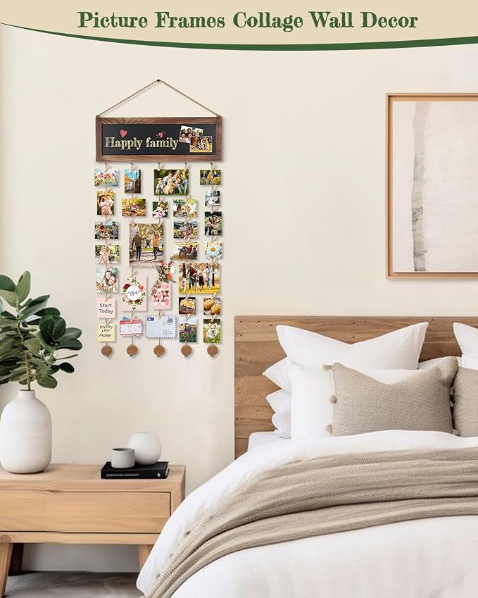 Bikoney Picture Frames Collage Photo Hanging Display with Chalkboard | Rustic Wood Polaroid Board with 30 Clips, Multi Photo Hanging Display, Carbonized Black Finish, Easy Wall Mount - Image 2