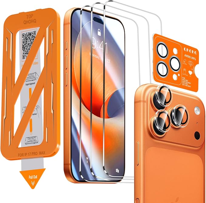 QHOHQ [1-Second Auto-Install] 3 Pack Screen Protector for iPhone 17 Pro Max [6.9 Inch] + 1 Set Camera Lens Protector, 9H+ Shatterproof Tempered Glass, [12FT Military Grade Protection], Case Friendly by QHOHQ