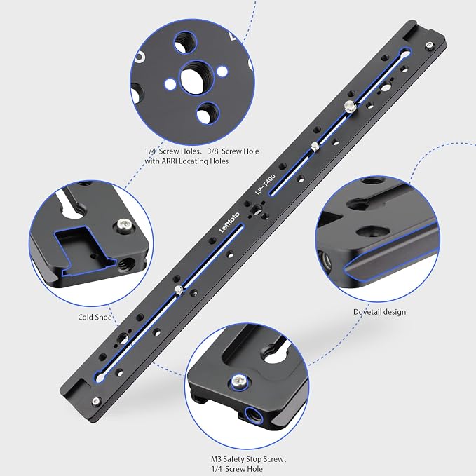 LEFTFOTO 400mm Lengthened Quick Release Double Dovetail Slide Rail Universal QR Plate, with ARRI Locating Hole, 1/4" & 3/8" Threads, Cold Shoe - for DSLR Camera Tripod Ballhead - Image 3