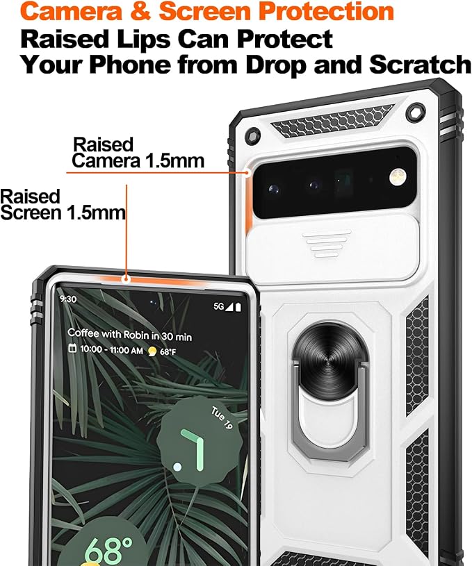 Gritup for Google Pixel 6 Pro Case with Slide Camera Cover & Screen Protector (2 PCS), 360 Rotating Ring Kickstand, Military Grade Protective Case for Pixel 6 Pro, White+Black - Image 4