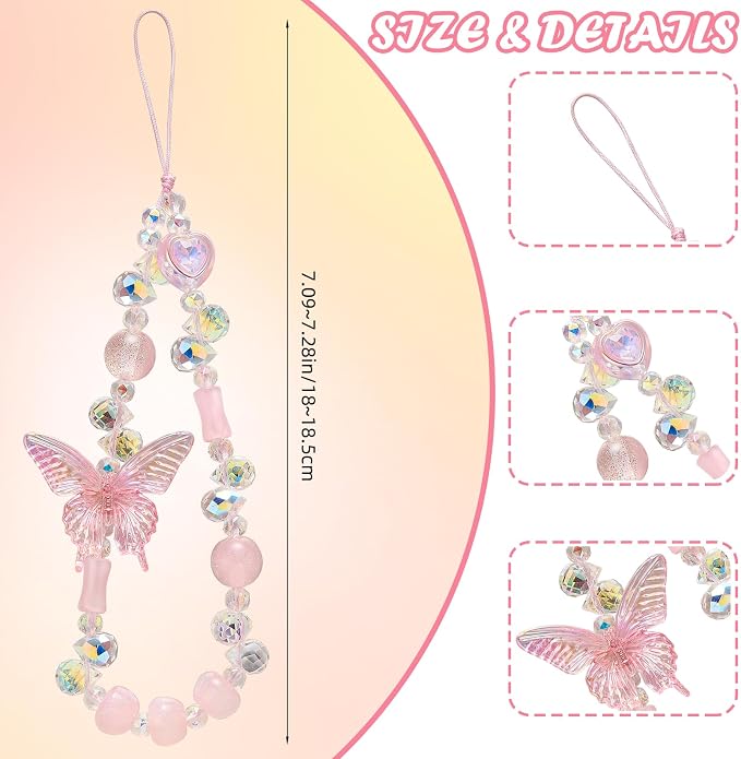 BEEFLYING Beaded Butterfly Phone Charm Wrist Strap for Case, Pink | Sparkling Y2K Cute Cellphone Chain, for Keychain Bag Camera Car Key Pendant - Image 2