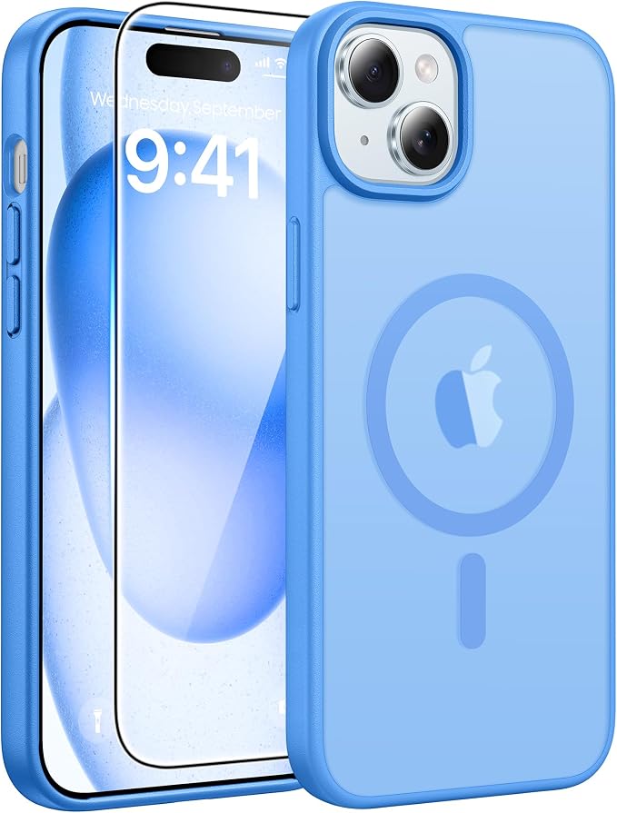 FNTCASE for iPhone 15/14/13 Case, Fit for Magsafe, Glass Screen Protector | Translucent Matte, Magnetic Phone Cases, 14FT Military Grade Drop Protection, Slim Shockproof Protective Cover, Ice Blue by FNTCASE