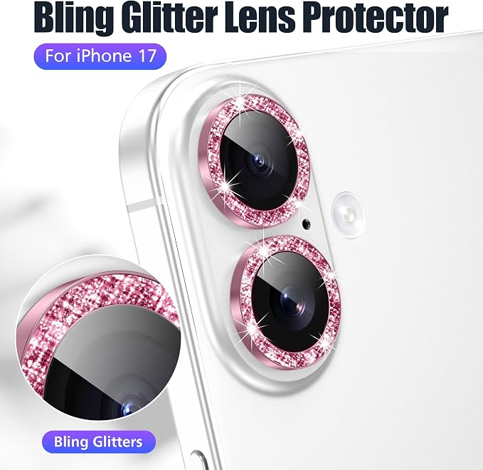 AGVEE 3+3 6 Pack for iPhone 17 Camera Lens Protector Cover | Individual Bling Diamond & Bling Glitter Sparkle Cute Gem Metal Ring, 9H Tempered HD Glass - Image 5