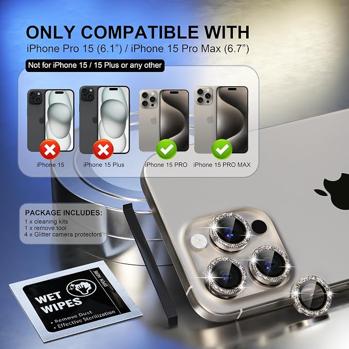 Choiche for iPhone 15 Pro/iPhone 15 Pro Max Camera Lens Protector | Ultra HD, Bling 9H Tempered Glass Camera Cover Screen Protector Metal Ring Decoration Accessories (Glitter-Titanium Natural) - Image 2