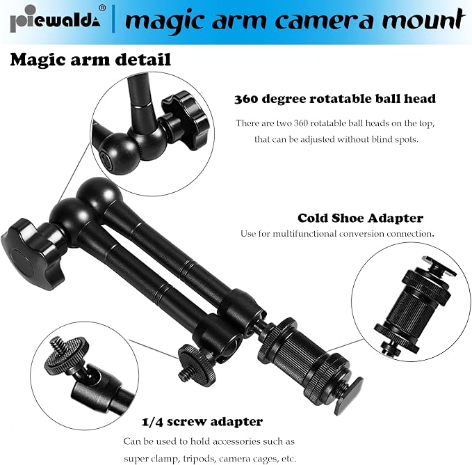 Niewalda 11" Articulating Magic Arm with 1/4" & 3/8" Threaded Super Clip | with Phone Clip/Tripod Mount Adapter for Various Action Camera /DSLR/Cell Phone /Vlogging and LCD Monitor/LED Lights Mount - Image 2
