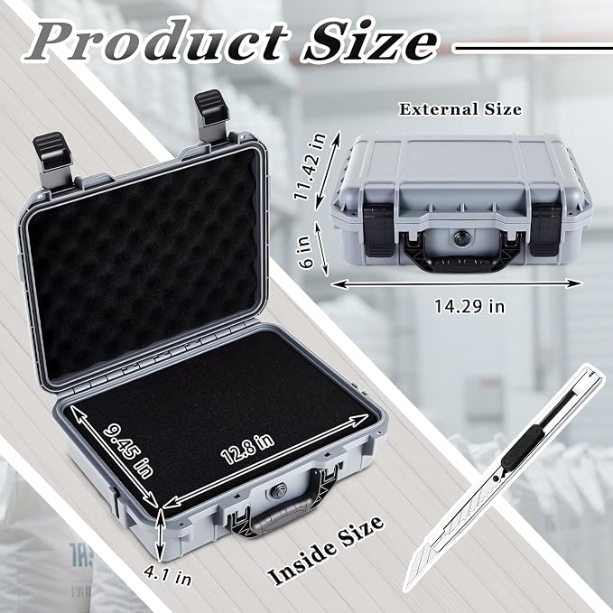 Relaxweex 1 Pcs Waterproof Hard Case with DIY Customizable Foam Insert Portable Protective Case with Knife for Camera Drones Equipments Tools Test Instruments(Gray,14.3 x 11.4 x 4.5 Inch) - Image 2