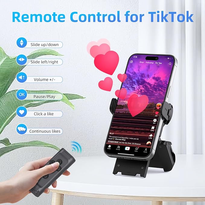 MILOUZ Remote Control Scrolling for Tiktok with Phone Stand,Page Turner for Kindle App E-Book,Bluetooth Camera Shutter Remote for iPhone, Android,iOS,iPad,Tablet (Black) - Image 2