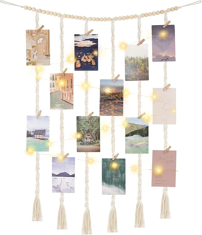 Mkono Hanging Photo Display, Boho Macrame Wall Decor with Lights, Ivory | 30 Clips, String Lights, Teen Girl Stuff Gifts, Wooden Beads Banner, Pictures Postcards Holder, Bedroom Living Room Dorm by Mkono