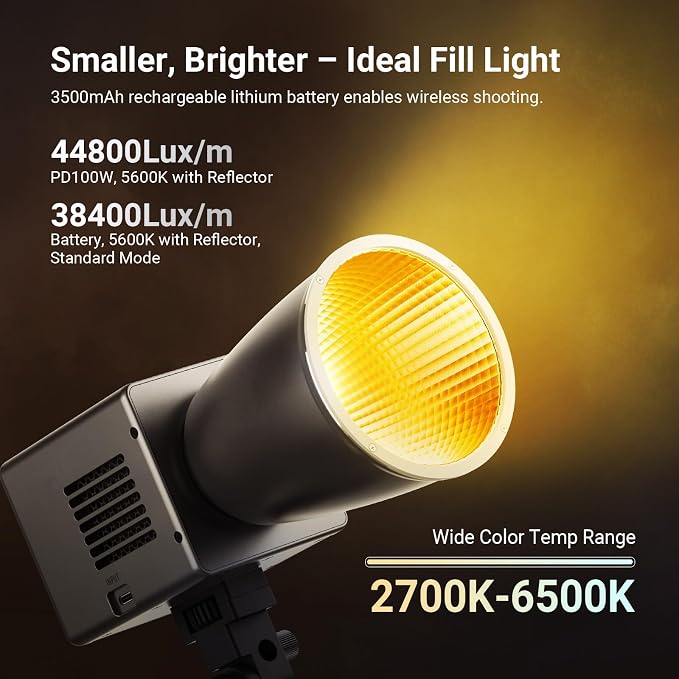 NEEWER 60W Mini LED Video Light with 50Wh Battery/100W PD Fast Charging, APP/2.4G Control/NFC, Bi Color Dimmable COB Studio Continuous Output Lighting 44,800 lux/1m 2700-6500K CRI97+ 12 Scenes, HB60B - Image 5